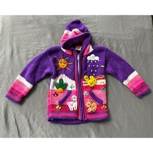 Kids Style Knit Hoodie Jacket Peruvian Animals & Sun Scene  Purple/Pink size 2T